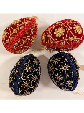 Christmas Red Navy Velvet Gold Embroidered Beaded Egg Ornaments Midwest Lot of 4